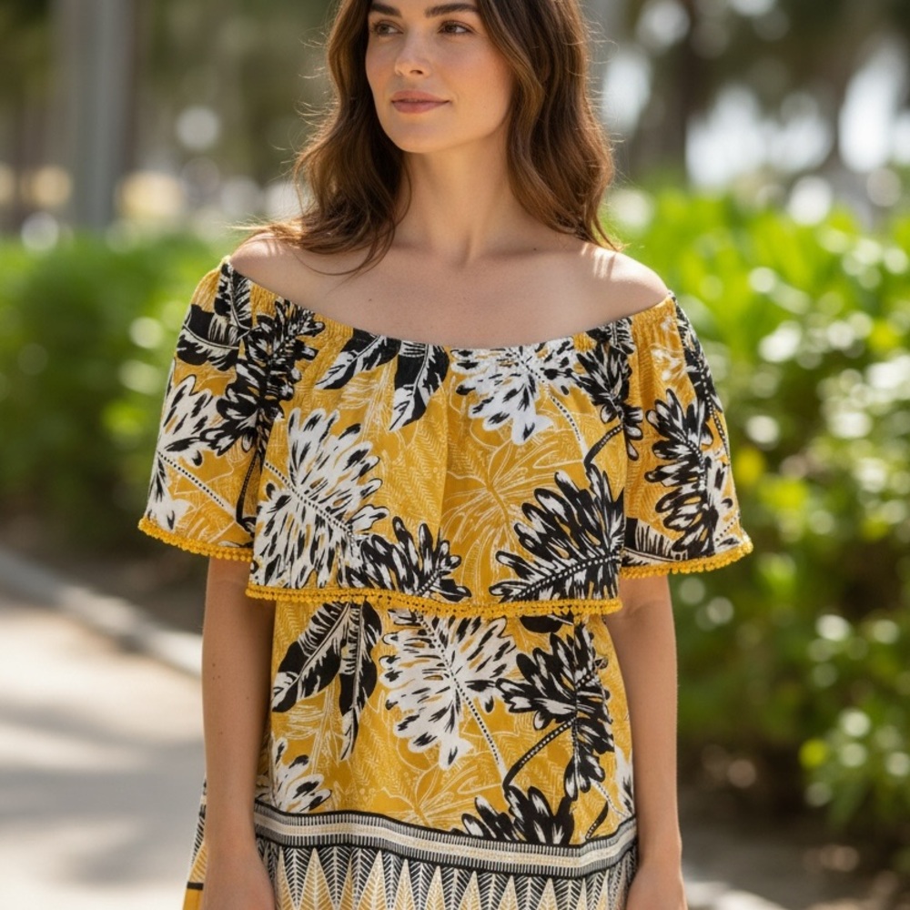Mustard Yellow Floral Off-Shoulder Blouse | Boho Summer Top Size M